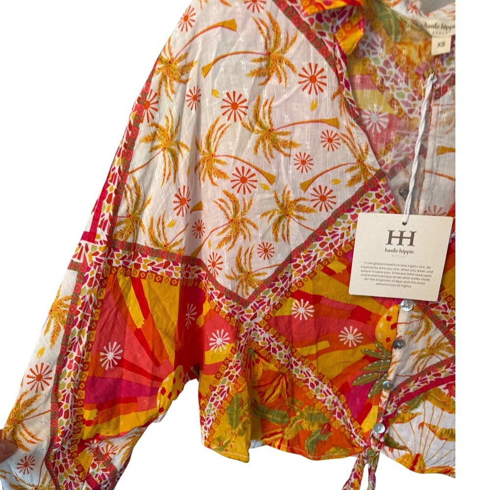 Haute Hippie LS Crop Top Vibrant Button Up Tie Shirt colorful‎ patchwork  NWT - Picture 2 of 8
